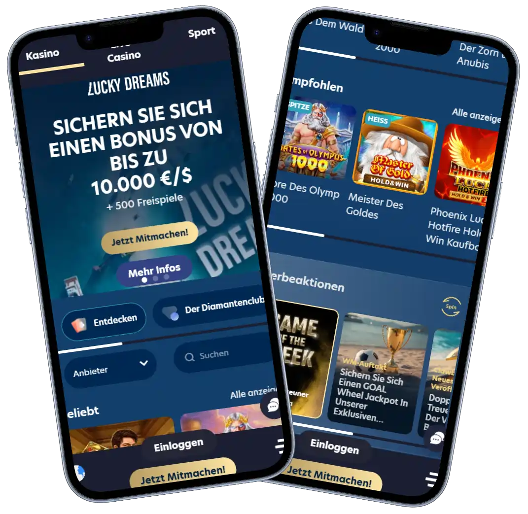 Lucky Dreams Casino Startseite und Benutzeroberfläche