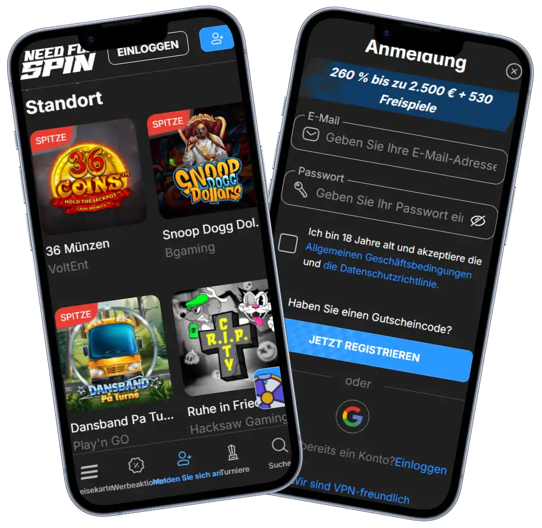 Need for Spin Casino Startseite und Benutzeroberfläche